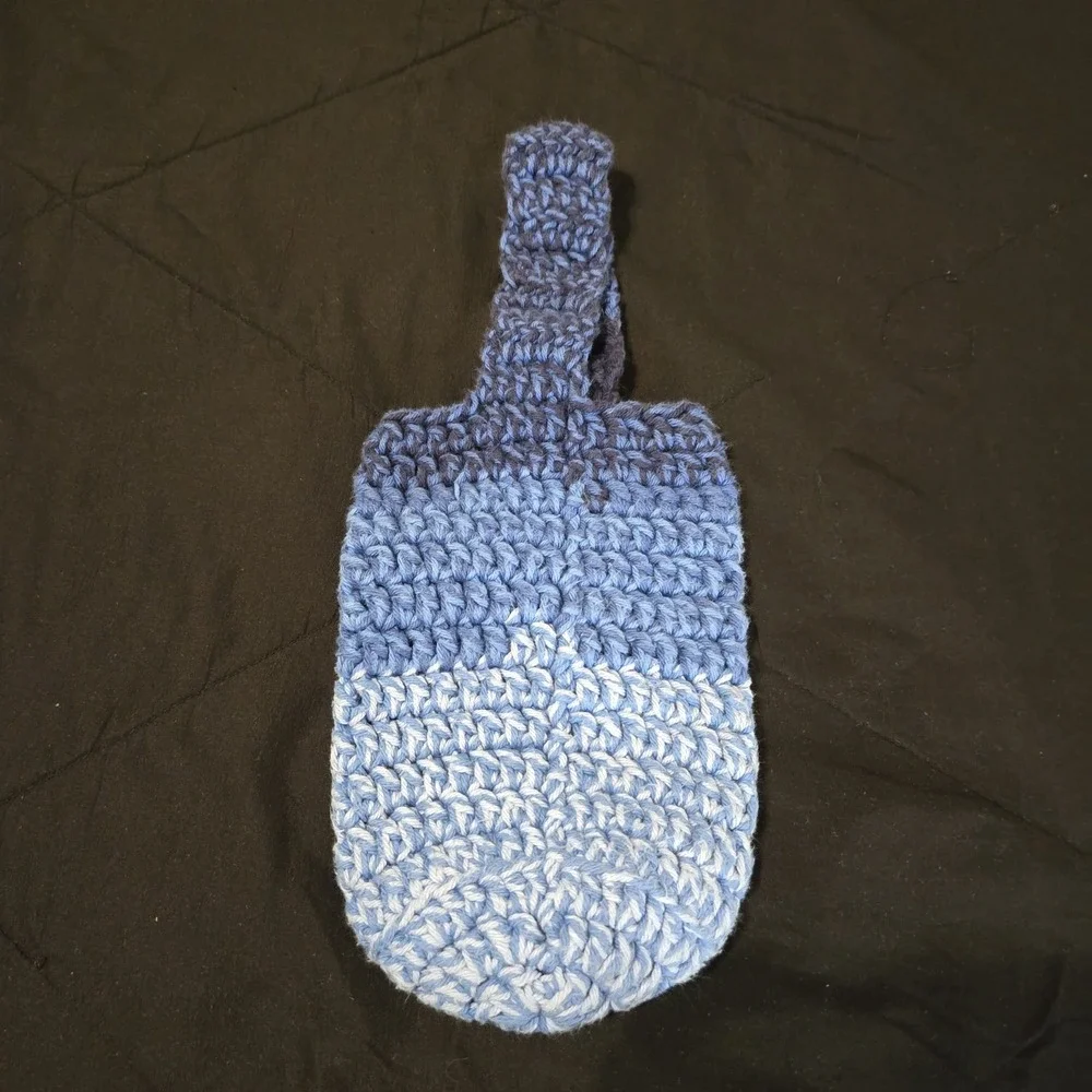 Handmade Blue Crochet‎ Drink Holder Bag Travel Driving On The Go